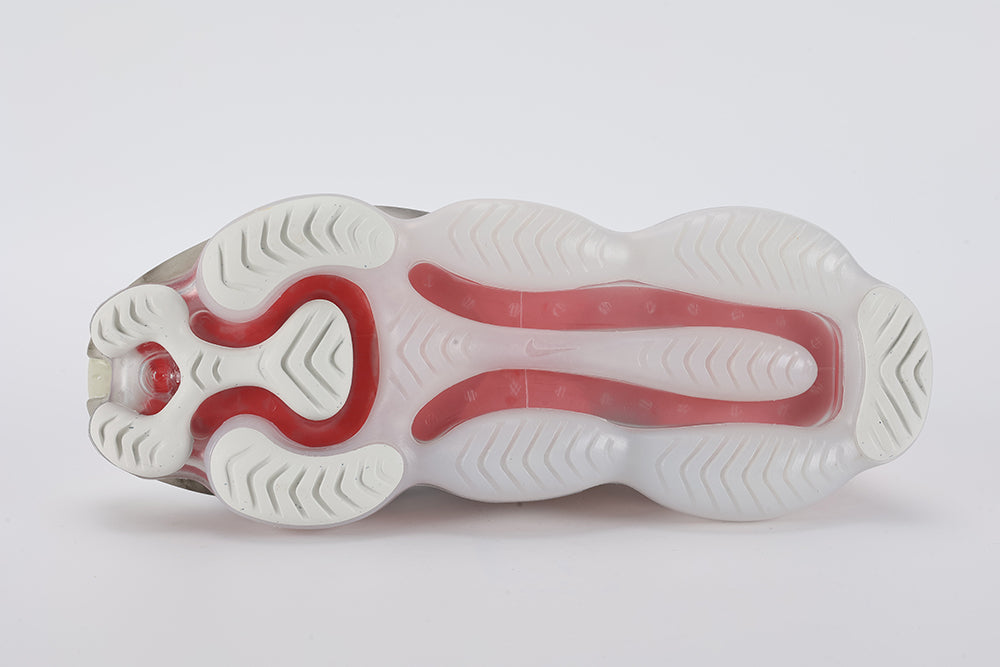 Air Max Scorpion Flyknit Leap High White Black Teal University Red - Toe Box Top Down View on White Background Showing White Terry Loop-Pile Flyknit Toe Box Teal Mini Swoosh Embroidery and Frosted Clear AM Scorpion Air Unit at Forefoot with University Red Air Chambers Visible
