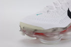 Air Max Scorpion Flyknit Leap High White Black Teal University Red - Collar Interior Close Up on White Background Showing White LEAP HIGH 2023 JUST DO IT Interior Shoe Tag with Red Swoosh Icon Black Large Brand Text on White Terry Flyknit Collar Interior and University Red Lining at Collar Top