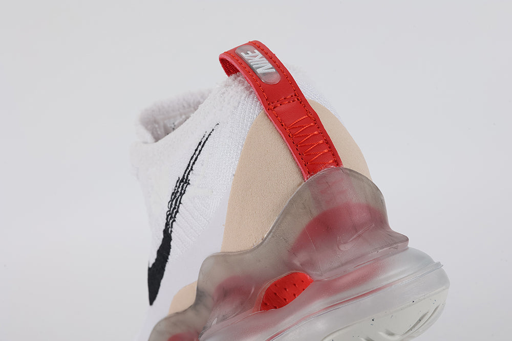 Air Max Scorpion Flyknit Leap High White Black Teal University Red - Rear View of Both Shoes on White Background Showing University Red Quilted Leather Heel Straps with Silver Metal Badge Cream Nubuck Heel Counter Overlay University Red Lining at Collar Interior and Frosted Clear AM Scorpion Air Unit with University Red Chambers and Red Circular Rubber Accent Dots at Heel