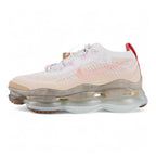 Air Max Scorpion Flyknit Leap High 2 Guava Ice Teal University Red - Full Lateral Profile View on White Background Showing Guava Ice Fine-Knit Flyknit Laceless AM Scorpion Upper Pink Cherry Blossom Embroidery Teal Mini Swoosh University Red Wide Leather Heel Strap with Red Clasp and Frosted Clear AM Scorpion Air Unit with Gum Traction Pods