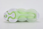 Air Max Scorpion Flyknit Olive Aura Light Bone Sea Glass Volt - Toe Box and Forefoot Close Up on Grey Background Showing Light Bone Fine-Knit Flyknit Toe Box Light Bone Tonal Mini Swoosh Embroidery Tan Leather Lace Garage at Tongue Top and Sea Glass AM Scorpion Air Unit at Forefoot with Volt Chambers