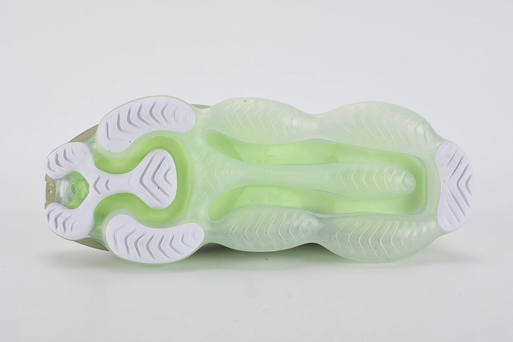Air Max Scorpion Flyknit Olive Aura Light Bone Sea Glass Volt - Toe Box and Forefoot Close Up on Grey Background Showing Light Bone Fine-Knit Flyknit Toe Box Light Bone Tonal Mini Swoosh Embroidery Tan Leather Lace Garage at Tongue Top and Sea Glass AM Scorpion Air Unit at Forefoot with Volt Chambers