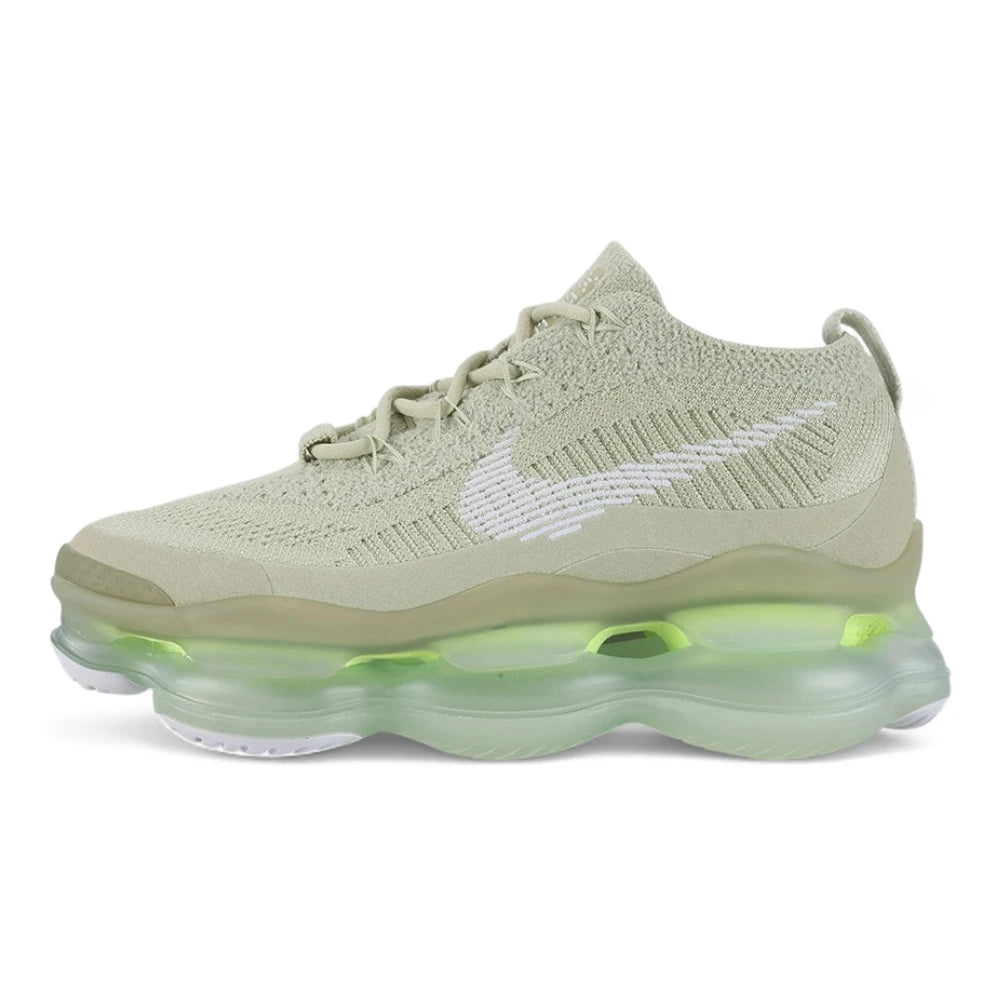 Air Max Scorpion Flyknit Olive Aura Light Bone Sea Glass Volt - Full Lateral Profile View on Grey Background Showing Light Bone Dual-Texture Boucle and Fine-Knit Flyknit AM Scorpion Upper with Silver Metallic Thread White Sketch-Outline Swoosh on Lateral Midfoot Tonal Light Bone Rope Laces Tan Leather Lace Garage and Sea Glass to Volt Gradient AM Scorpion Air Unit