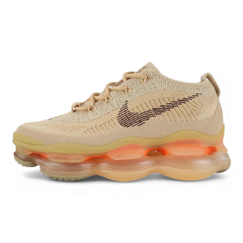 Air Max Scorpion Flyknit Sesame Dark Driftwood Total Orange - Full Lateral Profile View on White Background Showing Sesame Dual-Texture Terry and Fine-Knit Flyknit AM Scorpion Upper Dark Driftwood Sketch-Outline Swoosh on Lateral Midfoot Tonal Sesame Rope Laces Sesame Lace Keeper with Dark Driftwood Dot-Grid Texture Tan Kraft Paper Hang Tag and Lemon Chiffon to Total Orange Gradient AM Scorpion Air Unit with Sage Traction Pods