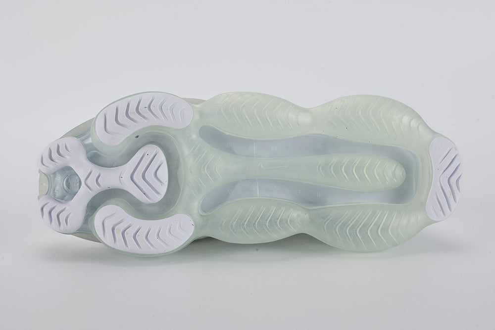 Air Max Scorpion Flyknit White Football Grey Ice Blue - Heel Counter Rear View on Grey Background Showing White Terry Loop-Pile Flyknit Heel Counter with Silver Metallic Thread White Wide Rubber Heel Pull Tabs with Grey Dot-Grid Texture White Collar Lining and Frosted Ice AM Scorpion Air Unit at Heel with Ice Blue Chambers and Football Grey Midsole Heel Counter
