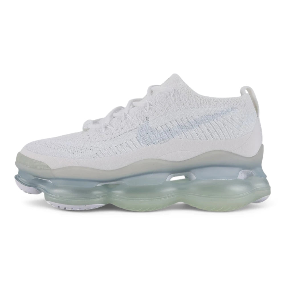 Air Max Scorpion Flyknit White Football Grey Ice Blue - Full Lateral Profile View on Grey Background Showing Three-Texture White Flyknit AM Scorpion Upper White Iridescent Flyknit on Lateral Midfoot White Tonal Sketch-Outline Swoosh White Flat Laces White Lace Keeper with Grey Dot-Grid Texture and Frosted Ice AM Scorpion Air Unit with Ice Blue Chambers