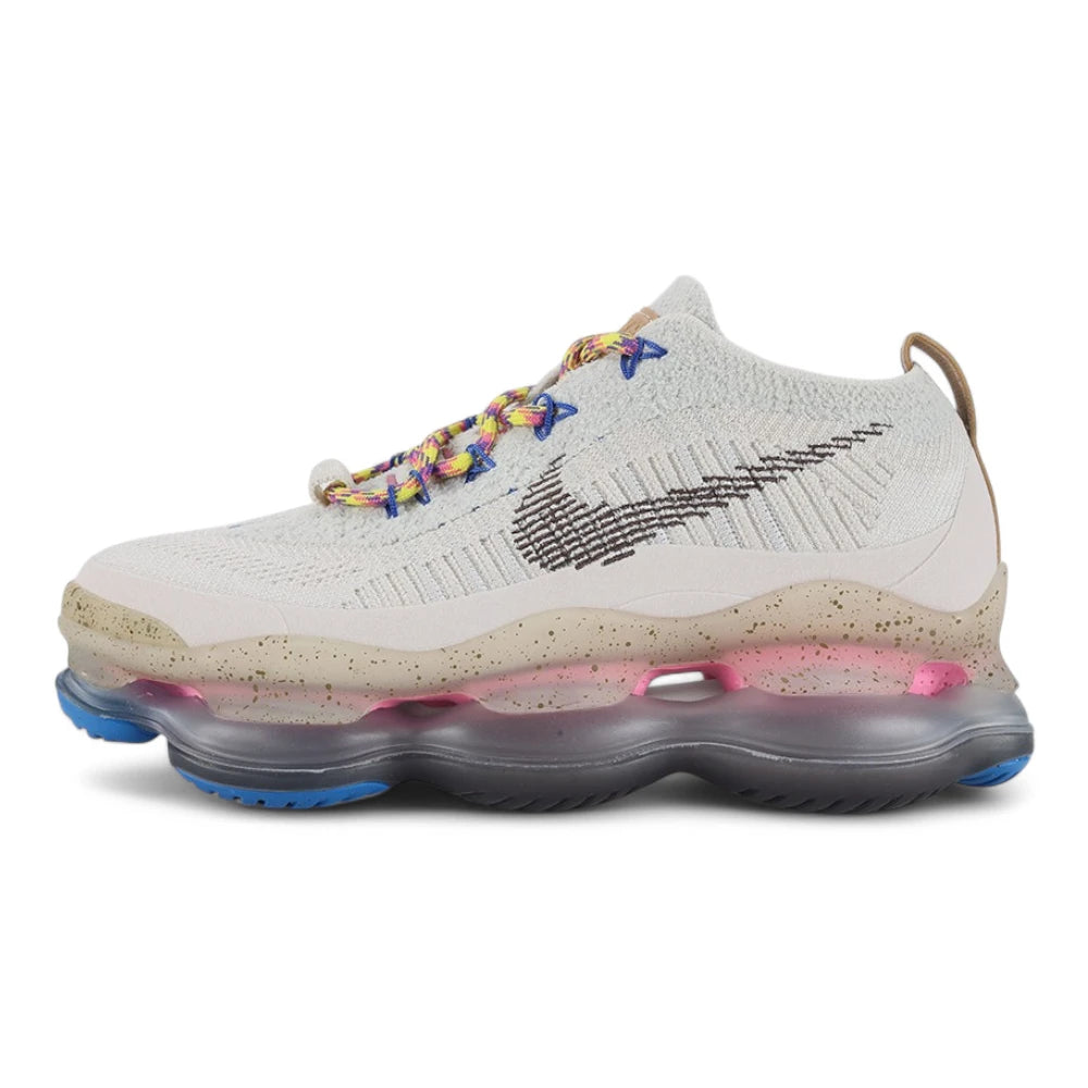 Air Max Scorpion Hiking - Full Lateral Profile View on White Background Showing Sail Boucle Loop-Pile Flyknit AM Scorpion Upper Black Sketch Outline Swoosh on Lateral Midfoot Blue Star-Form Lace Locks Multicolour Paracord Lace and Sail Speckle-Print Midsole with Pink and Blue Air Chambers