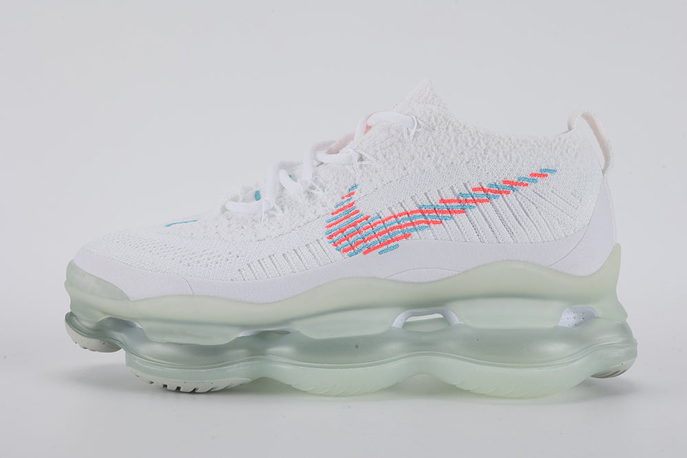 Air Max Scorpion Lagoon Pulse - Toe Box Top Down View on White Background Showing White Fine-Knit Flyknit Toe Box with Small-Hole Ventilation Structure Teal Mini Swoosh Embroidery on Tongue Hot Punch Oval Rubber Lace Locks with Teal Dot Texture and Mint Ice Green AM Scorpion Air Unit at Forefoot