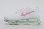 Air Max Scorpion Lagoon Pulse - Toe Box Top Down View on White Background Showing White Fine-Knit Flyknit Toe Box with Small-Hole Ventilation Structure Teal Mini Swoosh Embroidery on Tongue Hot Punch Oval Rubber Lace Locks with Teal Dot Texture and Mint Ice Green AM Scorpion Air Unit at Forefoot