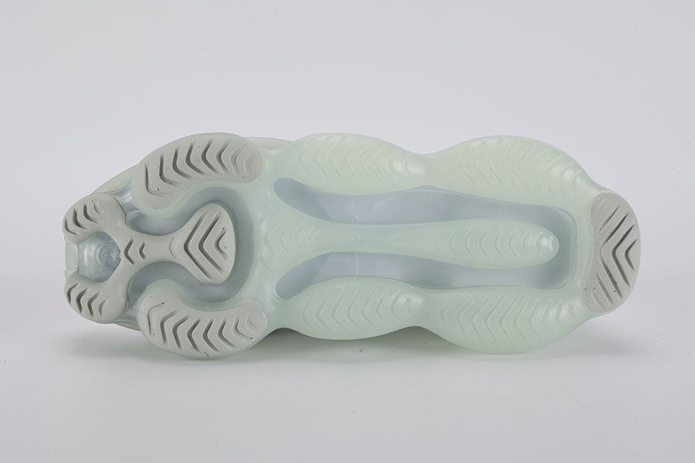Air Max Scorpion Lagoon Pulse - Heel Counter and Lateral Swoosh Close Up on White Background Showing Dual-Colour Teal and Hot Punch Swoosh Embroidery Extending from Lateral Midfoot to Lateral Heel Panel White Zigzag Decorative Stitching on Heel Counter and Mint Ice Green AM Scorpion Air Unit