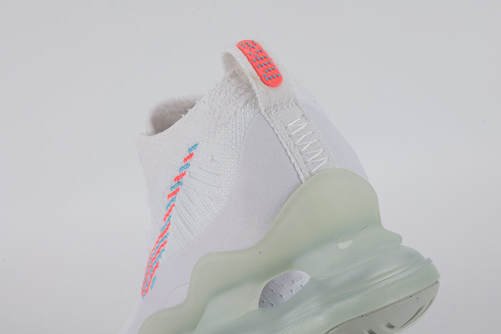 Air Max Scorpion Lagoon Pulse - Lace Area and Lateral Swoosh Close Up on White Background Showing Hot Punch Oval Rubber Lace Locks with Teal Dot Texture at Each Eyelet Dual-Colour Teal Hot Punch Swoosh Embroidery on Lateral Panel and White Fine-Knit Flyknit Upper