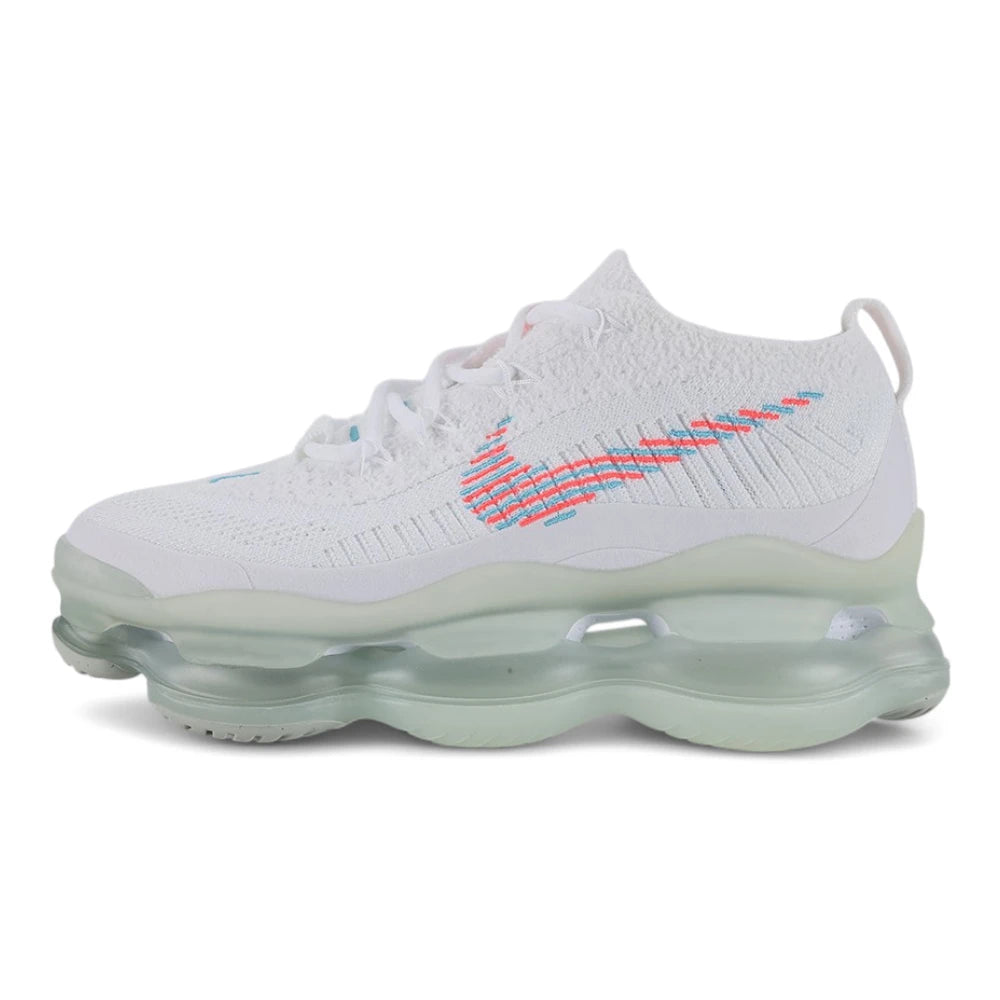 Air Max Scorpion Lagoon Pulse - Full Lateral Profile View on White Background Showing White Fine-Knit Flyknit AM Scorpion Upper Dual-Colour Teal and Hot Punch Swoosh Embroidery on Lateral Midfoot Hot Punch Oval Rubber Lace Locks with Teal Dot Texture and Full-Length Mint Ice Green Tinted AM Scorpion Air Unit