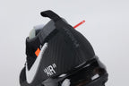 Air VaporMax co-branded The Ten Black White Red - Tongue and Lace Area Close Up on White Background Showing White Rectangular Woven Tongue Label with Black Co-Branded Sportswear Text and Orange Swoosh Red Industrial Zip Tie White Flat Laces and Black Fine-Knit Flyknit Upper